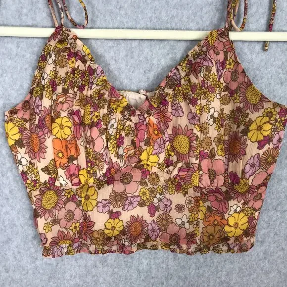 Patrons of Peace Crop Top Medium Orange Tank Floral Ruffle Boho Western‎ Tie Bow - Picture 3 of 10